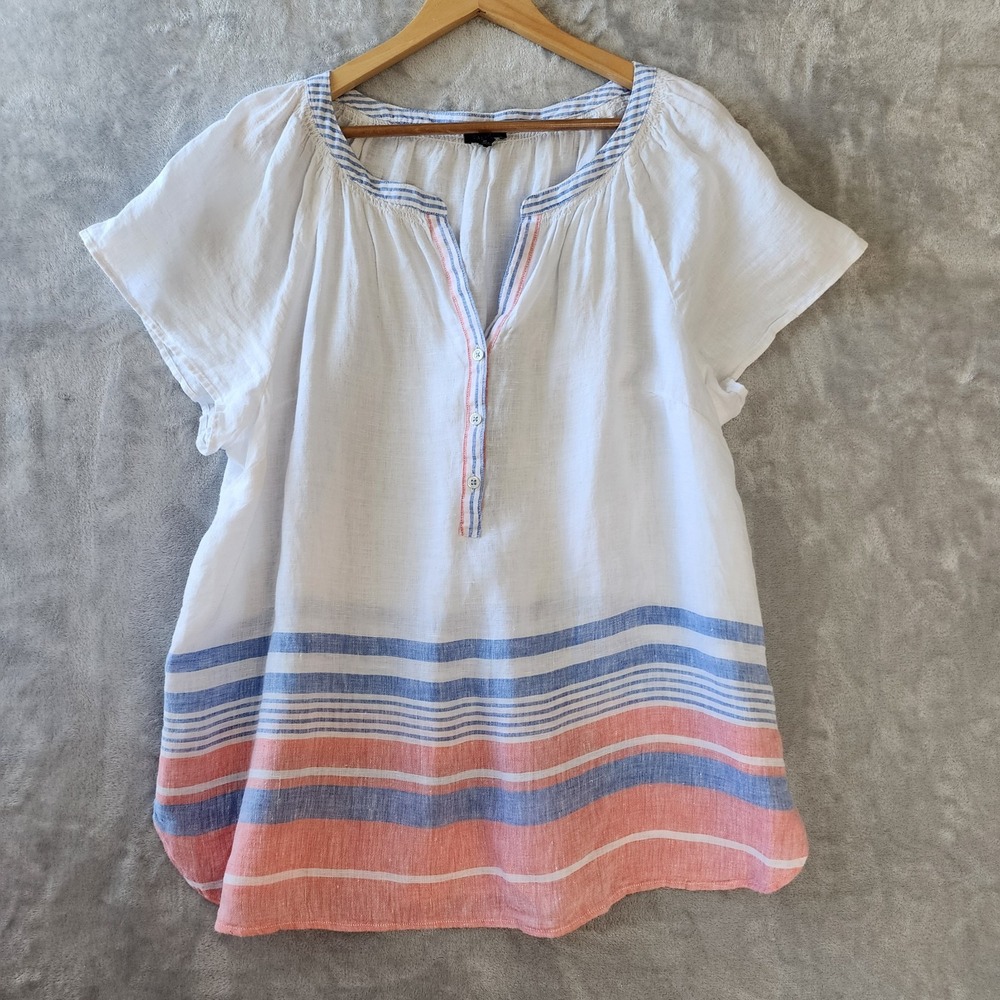 Talbots Linen Top Womens Size XL Blouse Valley Stripe Button Split Neck White